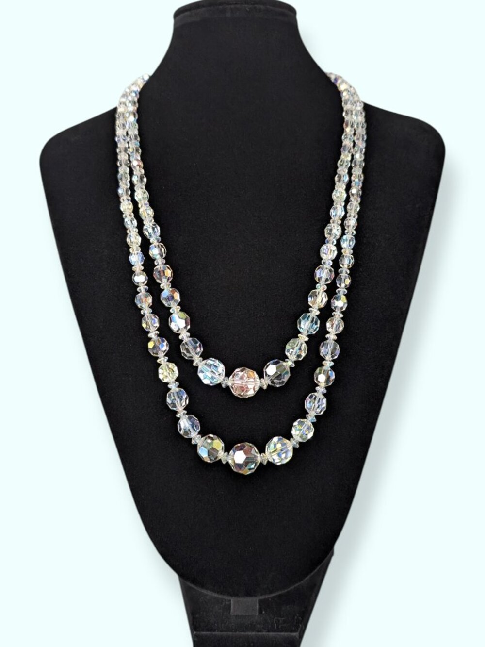 Vintage 50s 2-Strand Graduated Swarovski AB Crystal Statement Necklace